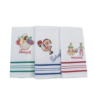 Set of Kitchen Tea Towels From Portugal Embroidered Waffle Cotton NEW